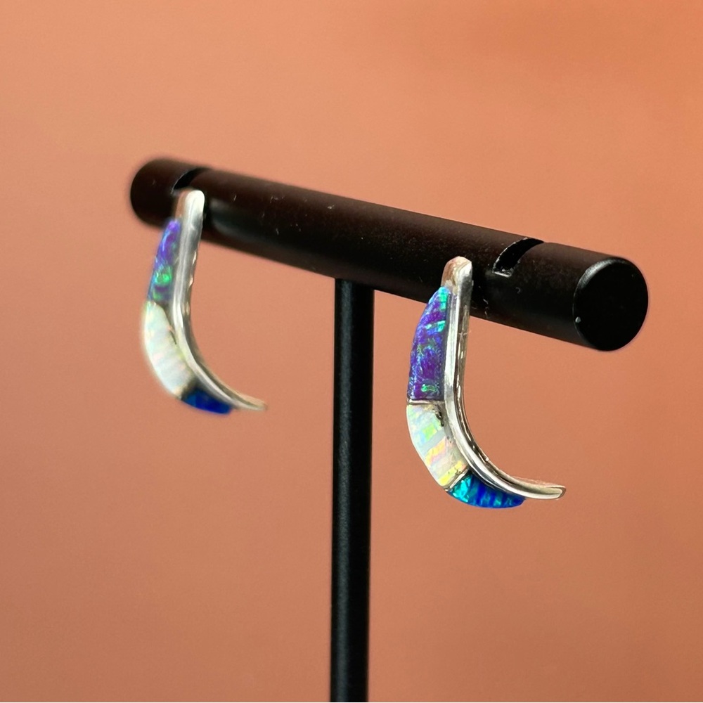 Zuni Handmade Sterling Multicolored Opal Crescent Hoop Earrings